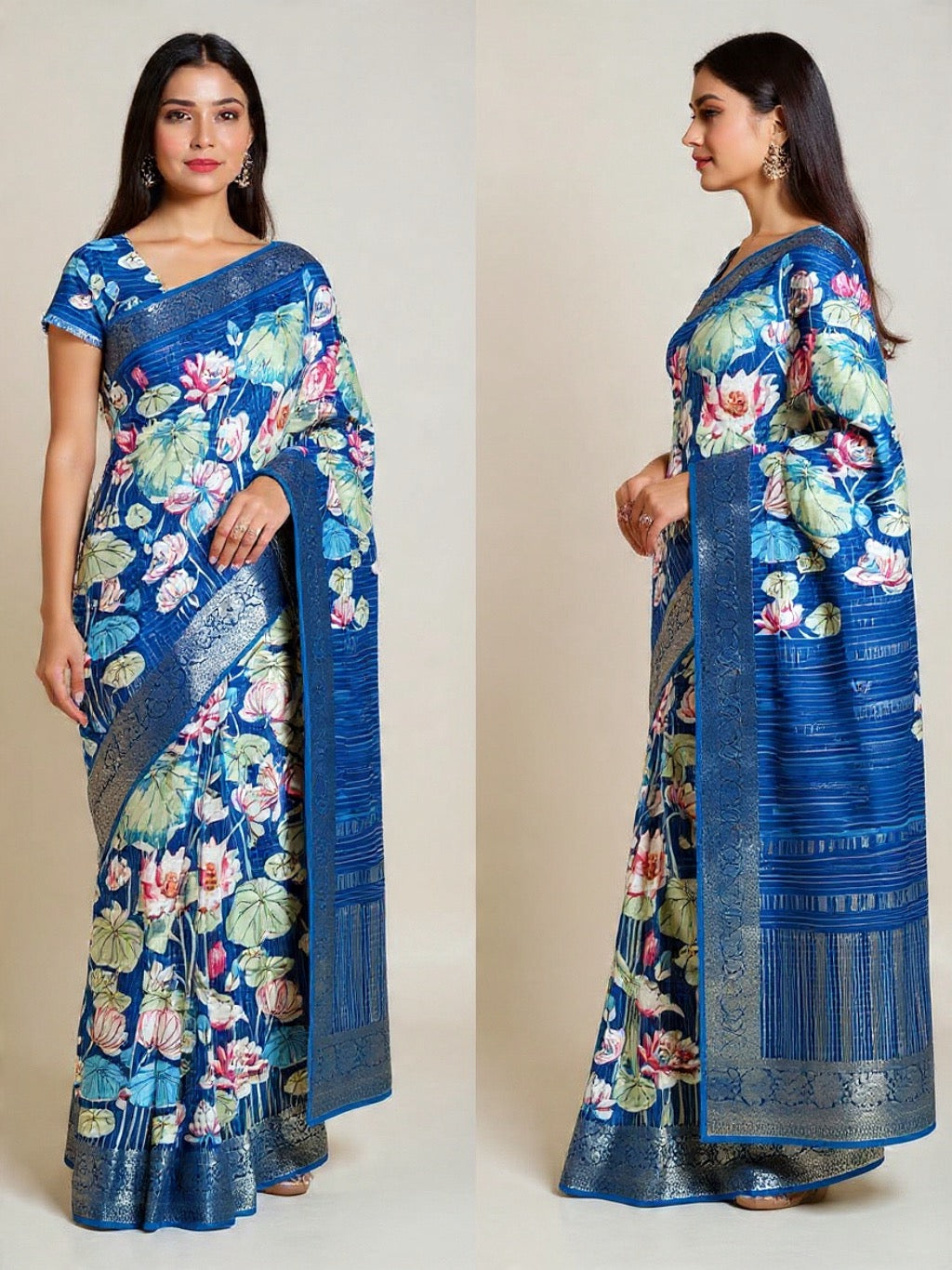 Elegant Royal Blue Lotus Print Russian Crepe Silk Saree with Gold Zari Border