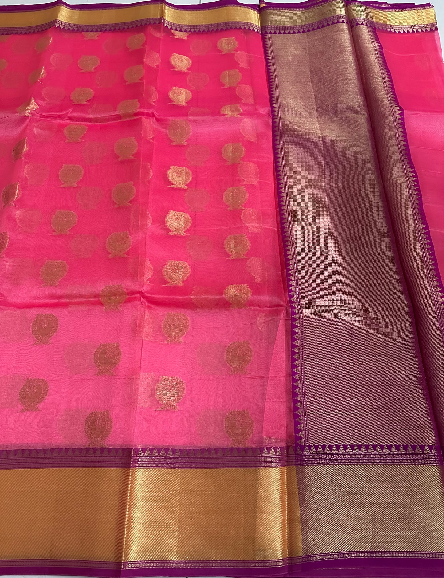 Elegant Pink Pure Banarasi Organza Saree with Golden Zari Border
