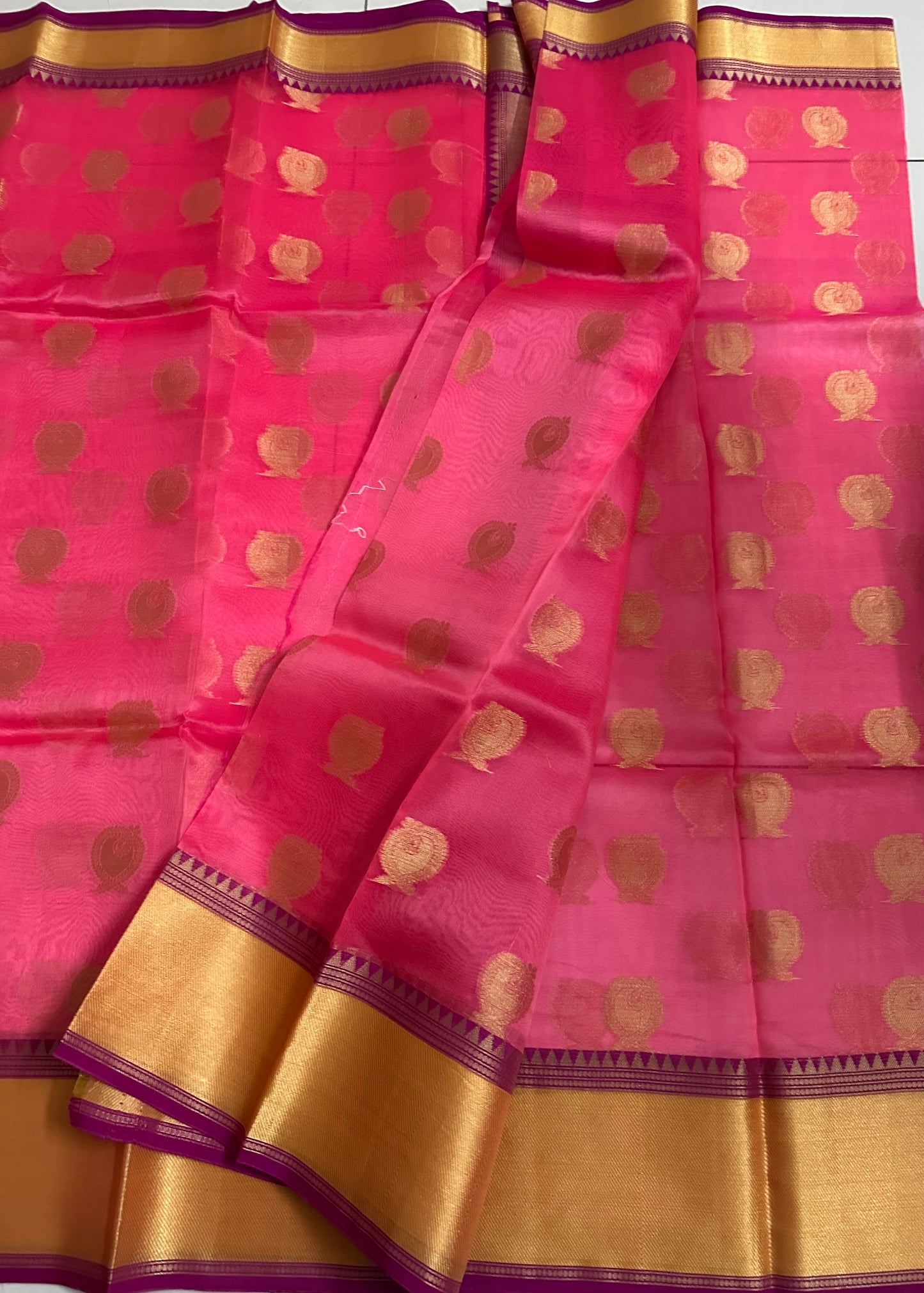 Elegant Pink Pure Banarasi Organza Saree with Golden Zari Border