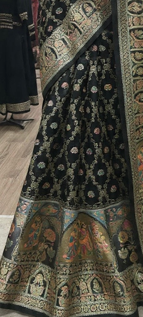 The Midnight Royalty – Handwoven Black Kani Silk Saree with Mughal Artistry