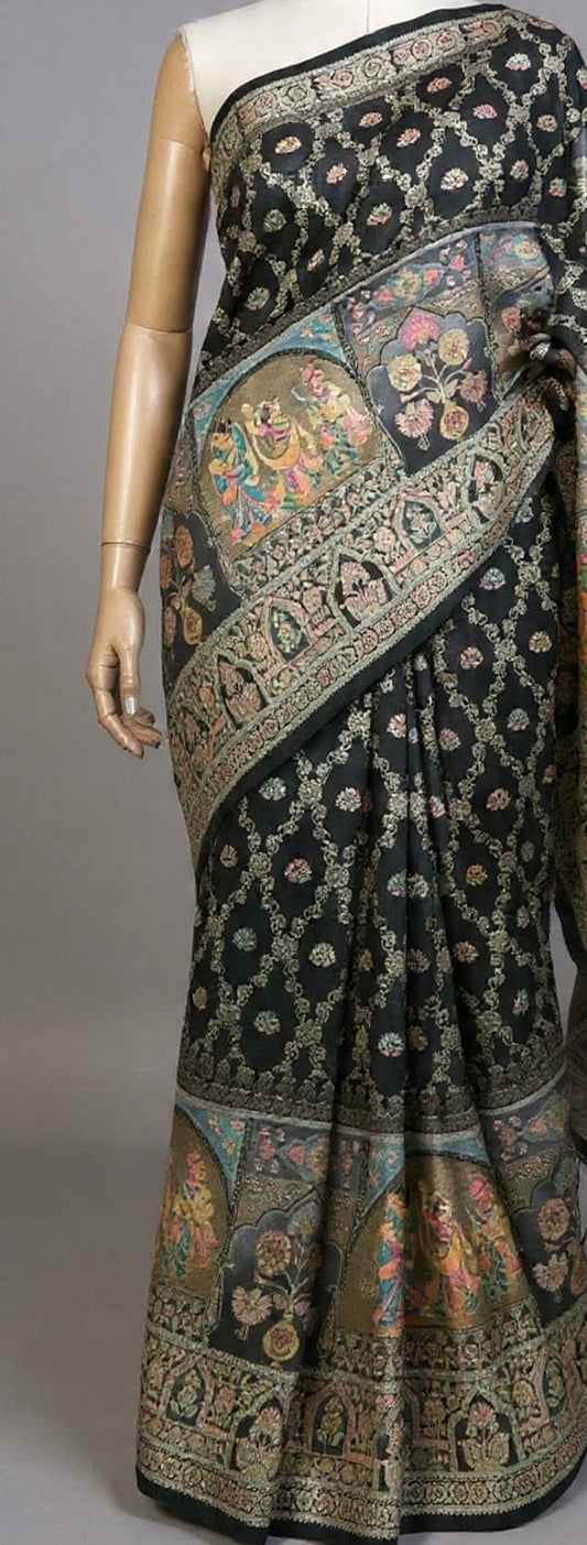 The Midnight Royalty – Handwoven Black Kani Silk Saree with Mughal Artistry