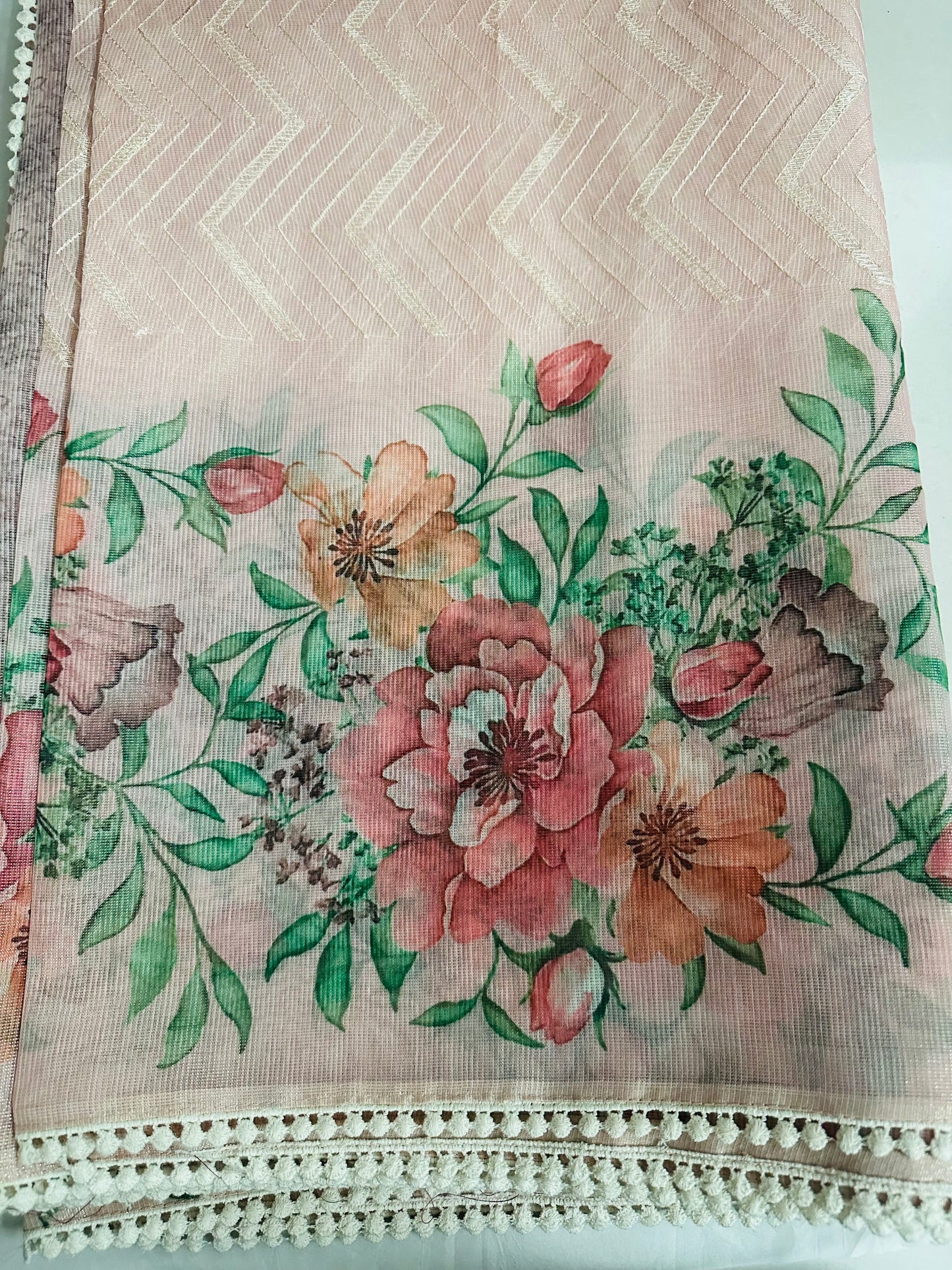 Elegant Peach Colour Floral Printed Tissue Saree with lace border