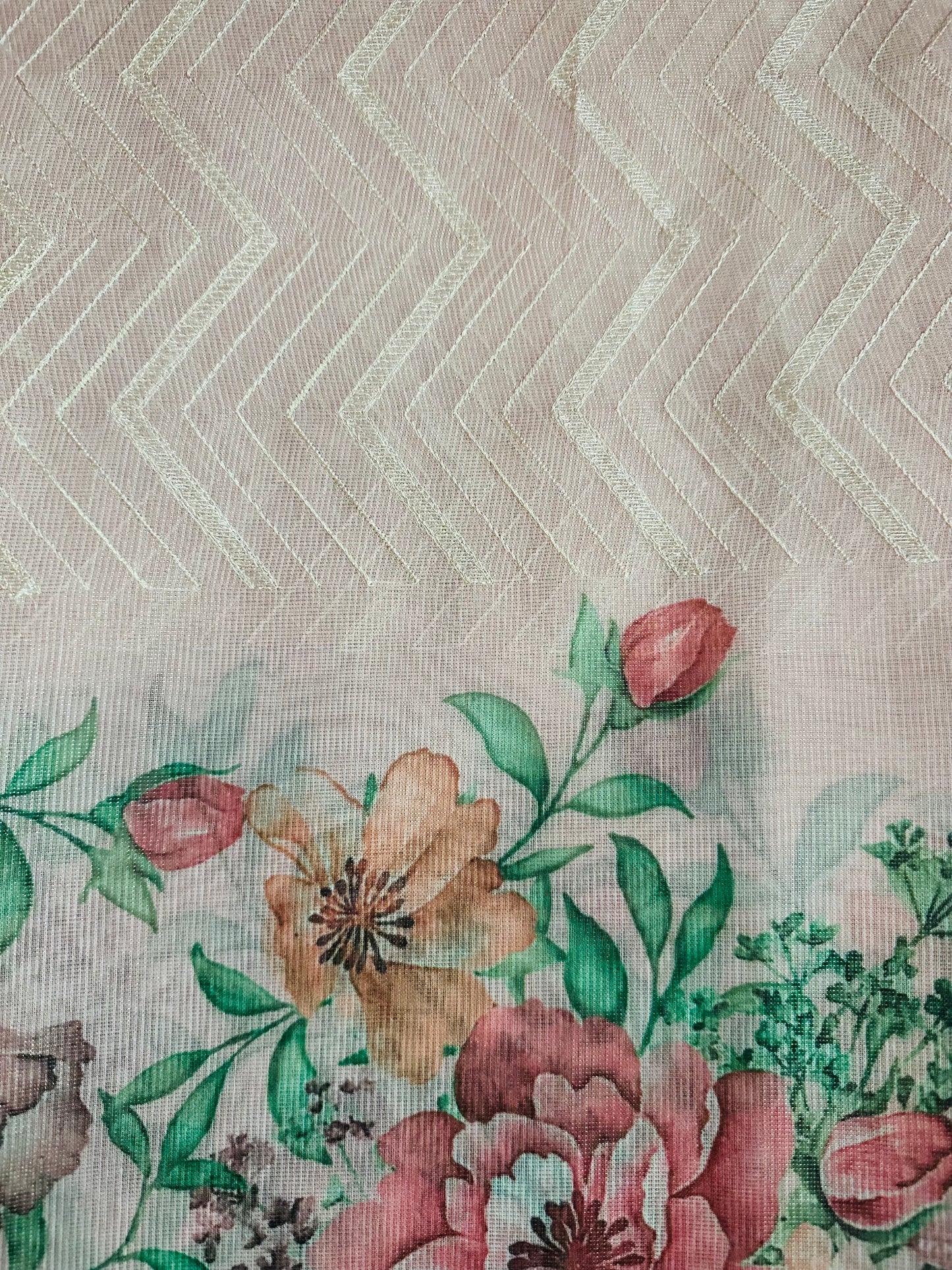 Elegant Peach Colour Floral Printed Tissue Saree with lace border