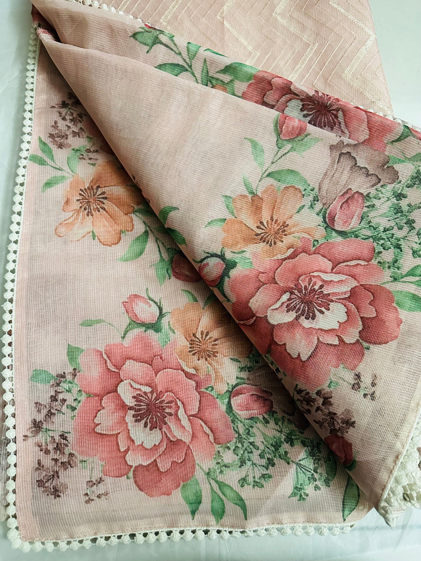 Elegant Peach Colour Floral Printed Tissue Saree with lace border