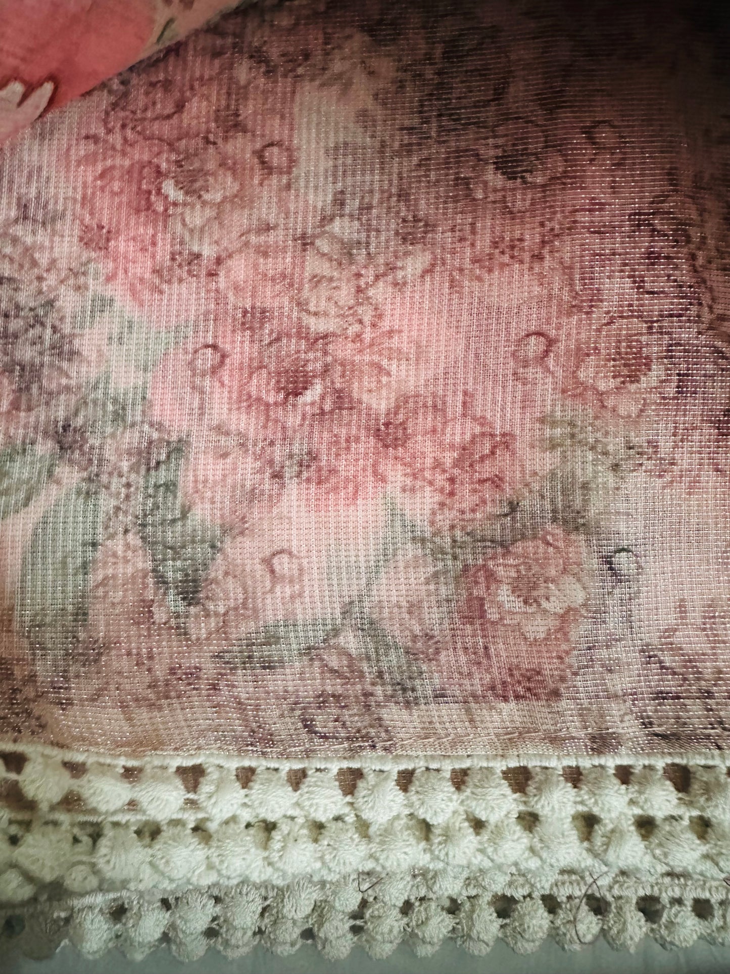 Elegant Peach Colour Floral Printed Tissue Saree with lace border