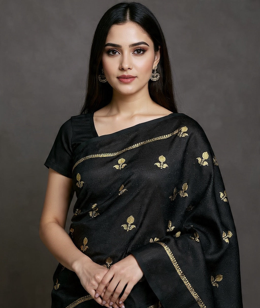 Black Color Viscose Khadi Silk Saree with Satin Border | Partywear Elegance