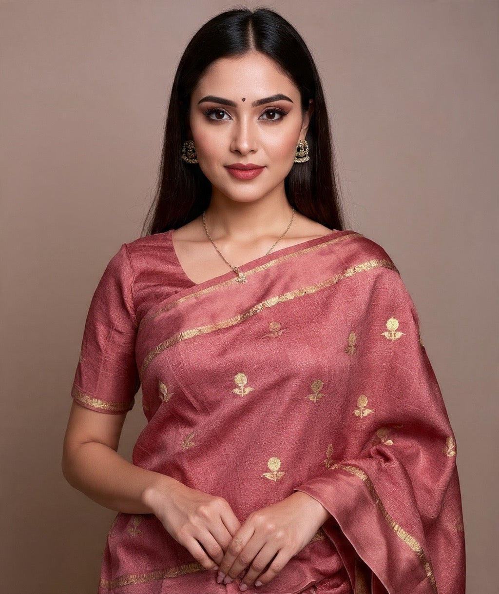Rose gold Color Viscose Khadi Silk Saree with Satin Border | Partywear Elegance