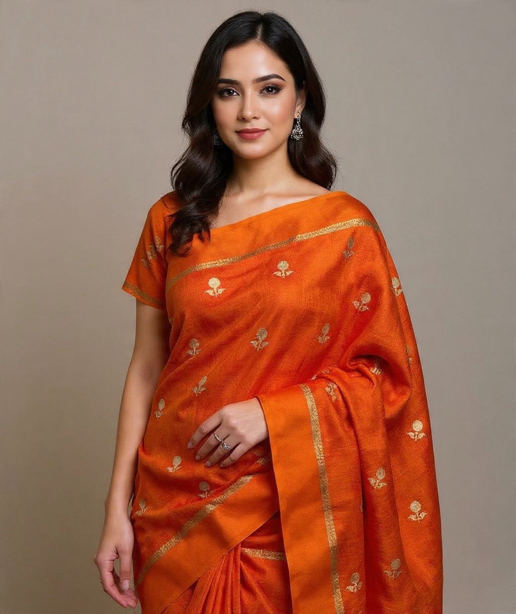 Viscose Orange color Khadi Silk Saree with Satin Border | Partywear Elegance