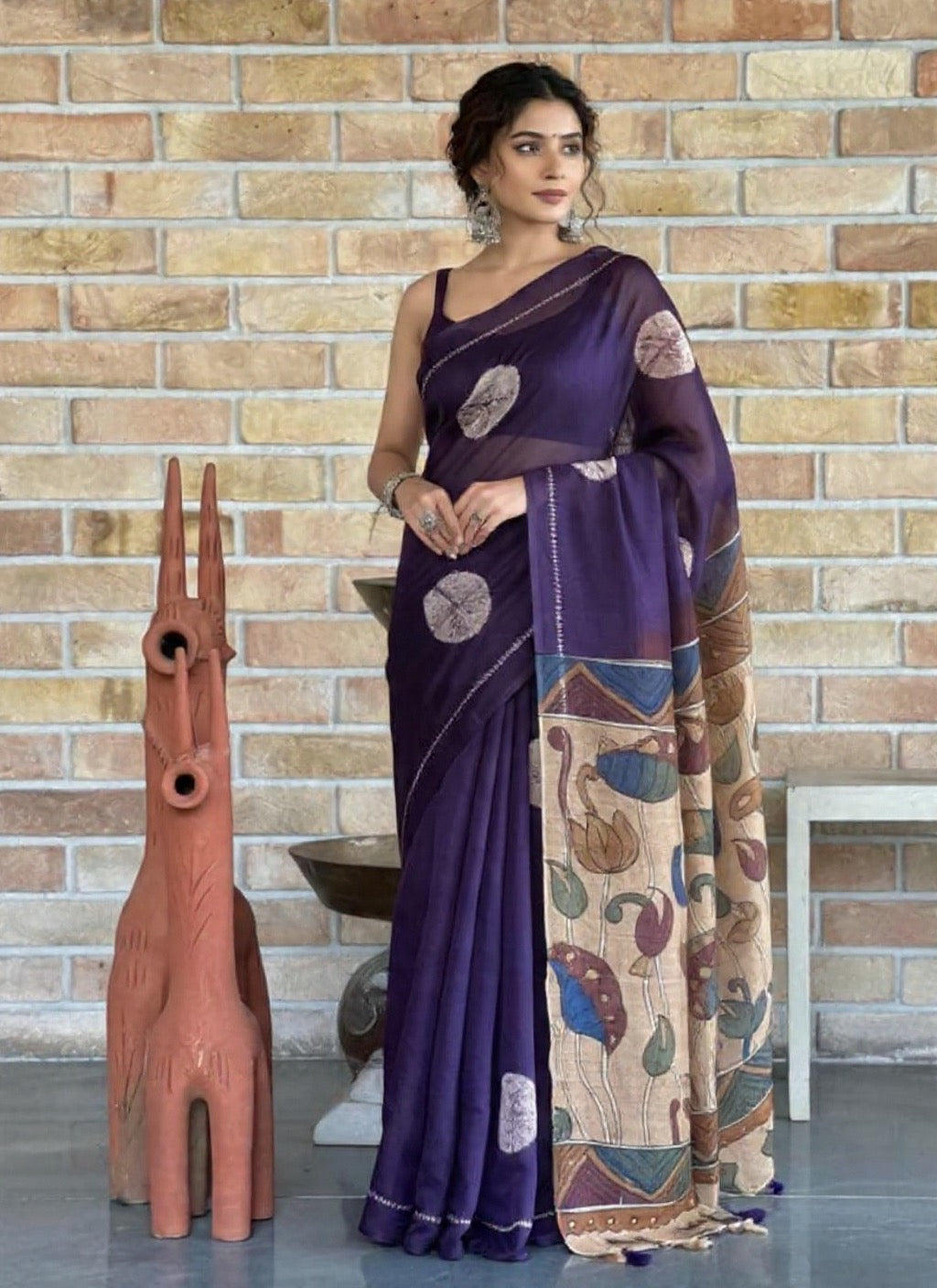 Ethereal Fusion – Dark Purple Chanderi Silk Saree with Kalamkari Elegance