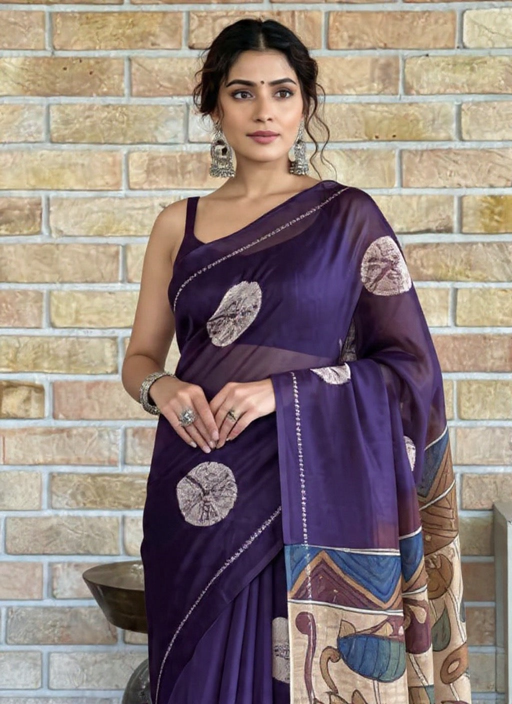 Ethereal Fusion – Dark Purple Chanderi Silk Saree with Kalamkari Elegance