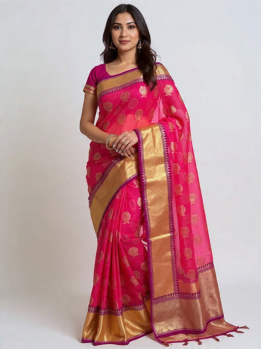 Elegant Pink Pure Banarasi Organza Saree with Golden Zari Border