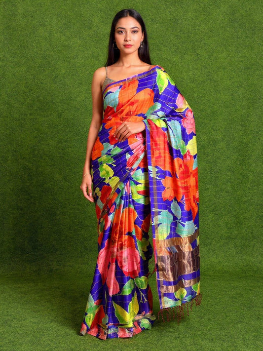 Pure handloom printed Tussar silk sarees hand block print digital design