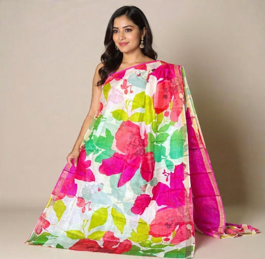 Pure handloom printed Tussar silk sarees hand block print digital design