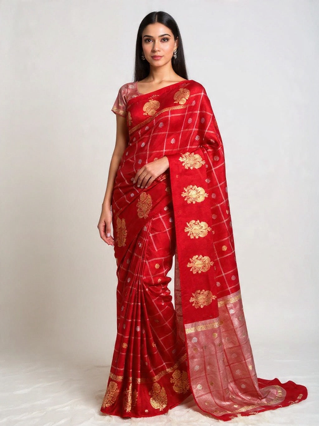Red Banarasi Viscose Silk Saree with Golden Zari Work