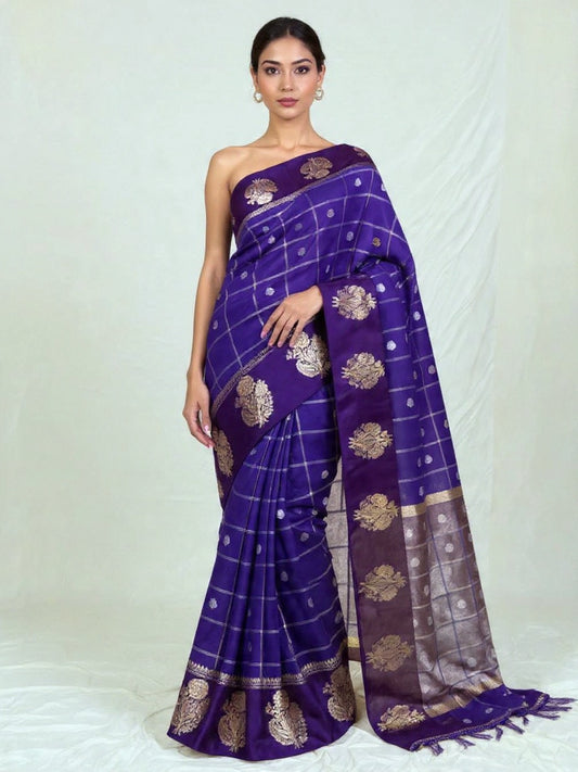 Royal Blue Banarasi Viscose Silk Saree with Zari Checks & Motifs