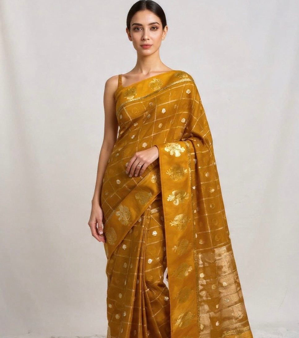 Mustard Banarasi Viscose Silk Saree with Golden Zari Weaves