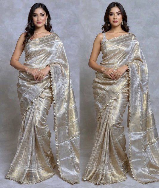 Elegant Banarasi Tissue Saree with Delicate Cutwork Lace Border