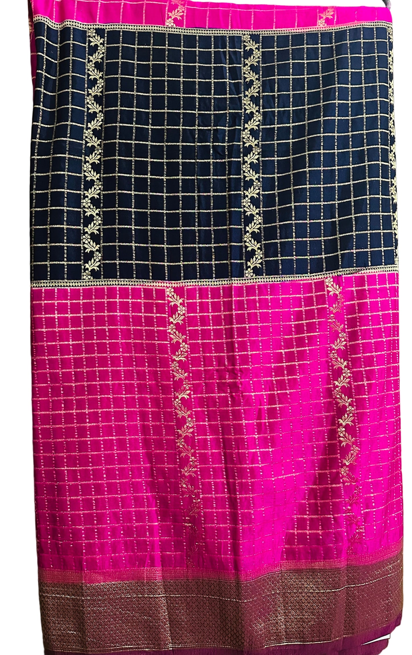 Pure Banarasi Crepe Chiffon Saree in Navy Blue & Rani Pink With Golden Zari Checks