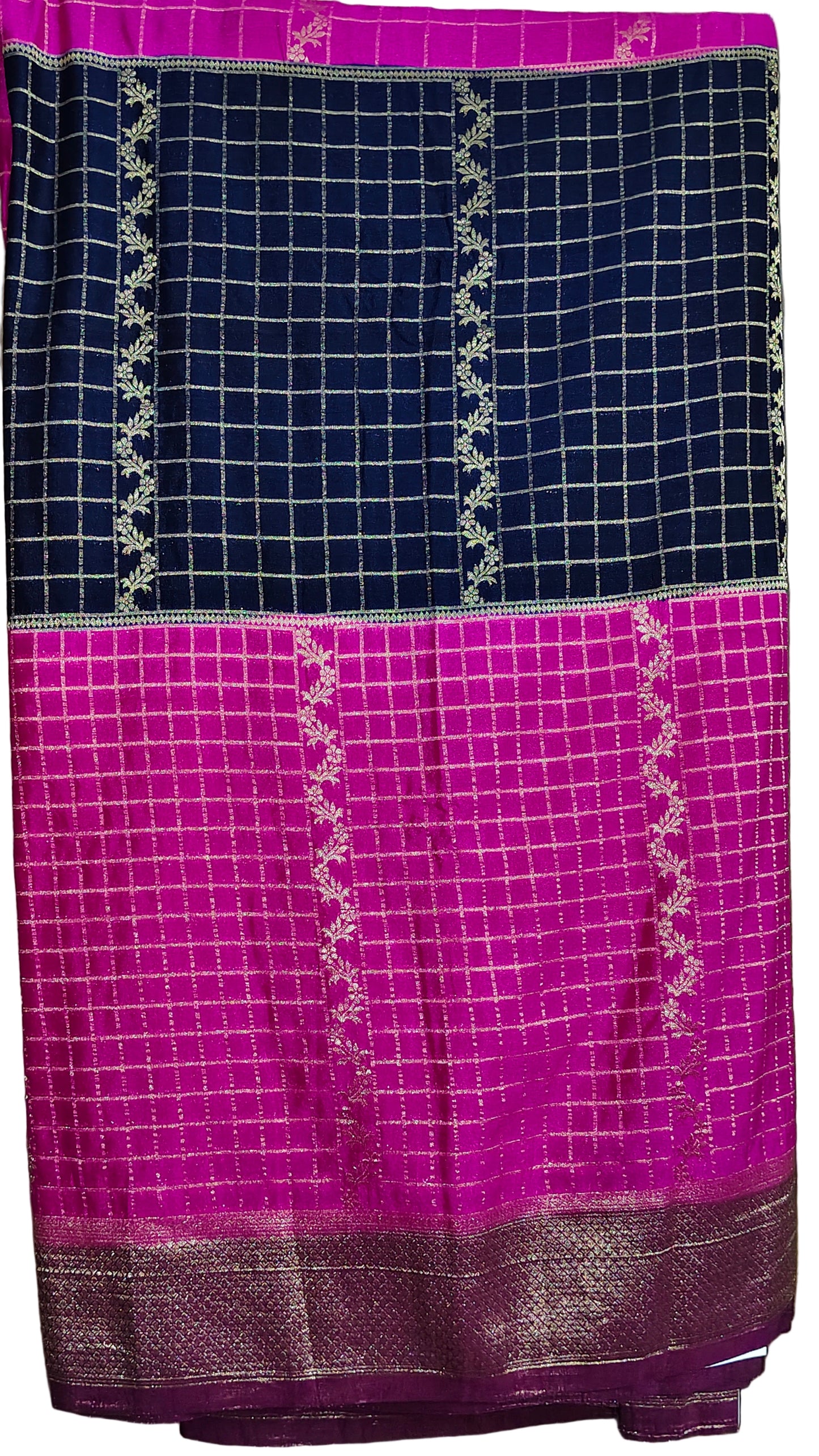 Pure Banarasi Crepe Chiffon Saree in Navy Blue & Rani Pink With Golden Zari Checks