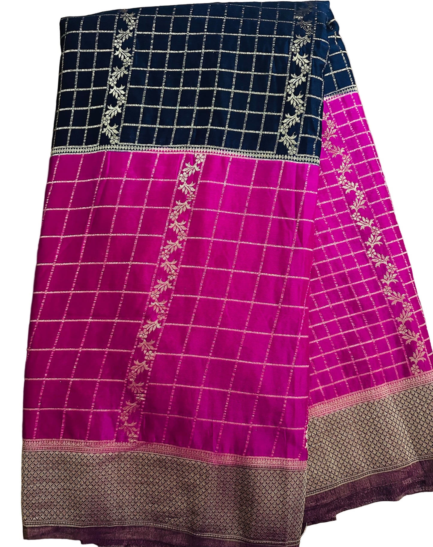 Pure Banarasi Crepe Chiffon Saree in Navy Blue & Rani Pink With Golden Zari Checks
