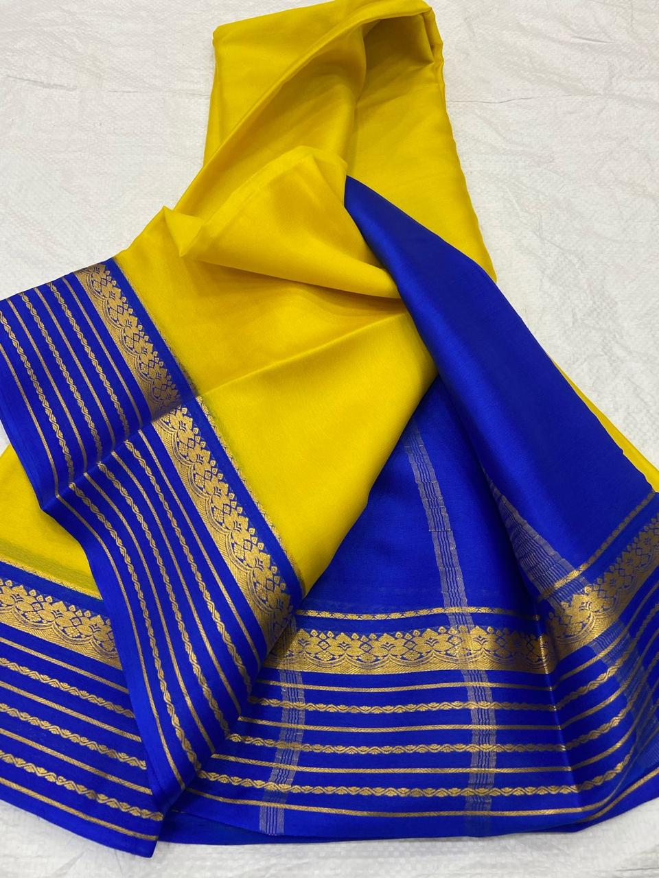 Yellow and Blue Pure Mysore Crepe Silk Saree with Contrast Blue Border, Pallu & Blouse