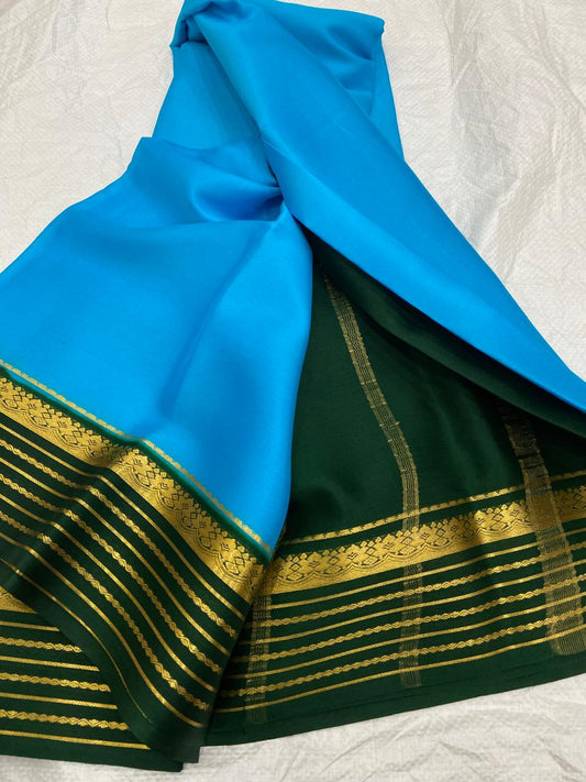 Blue and green saree with gold border Pure Mysore Crepe Silk Saree