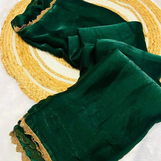 Rich bottle green colour Shimmer crushed chiffon saree with golden beads lace border and running blouse