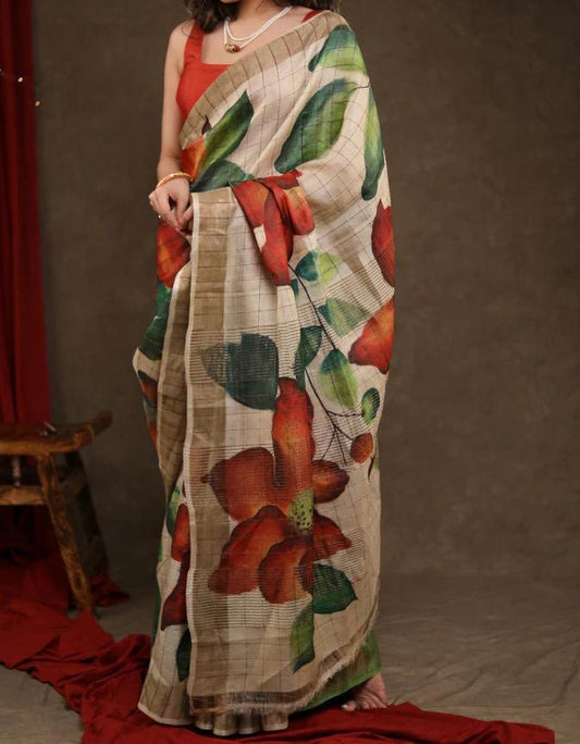 Rustic Bloom Pure Tussar Silk Saree – Grace in Every Fold