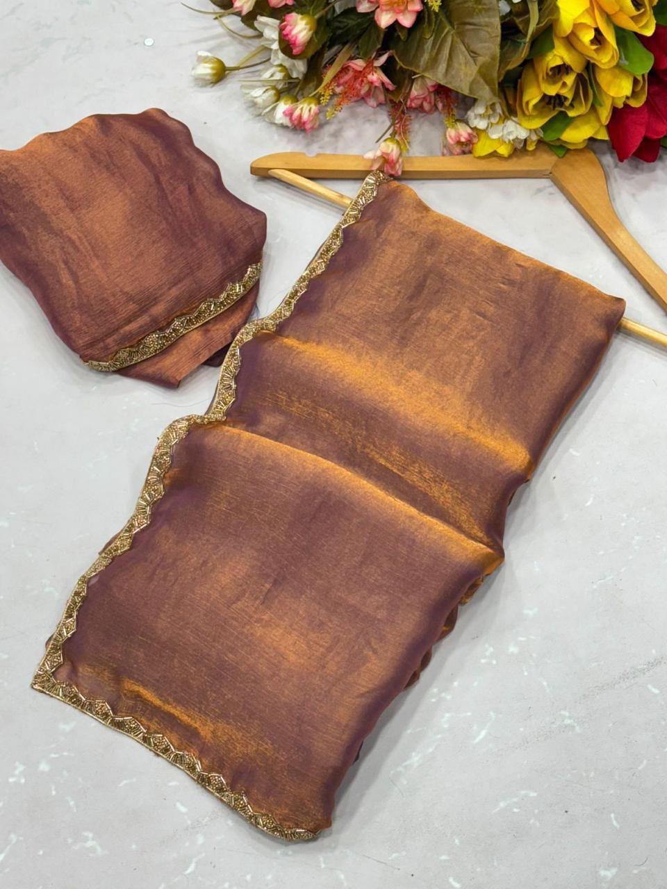 Rich Bronze colour Shimmer crushed chiffon saree with golden beads lace border and running blouse