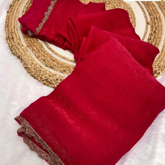 Rich Red colour Shimmer crushed chiffon saree with golden beads lace border and running blouse
