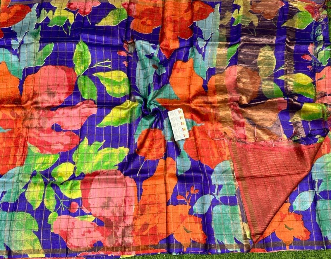 Pure handloom printed Tussar silk sarees hand block print digital design