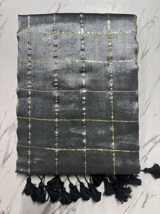 Gray Color Sequins Handloom Tissue Silk Saree with Tassels – Premium Party & Festive Wear