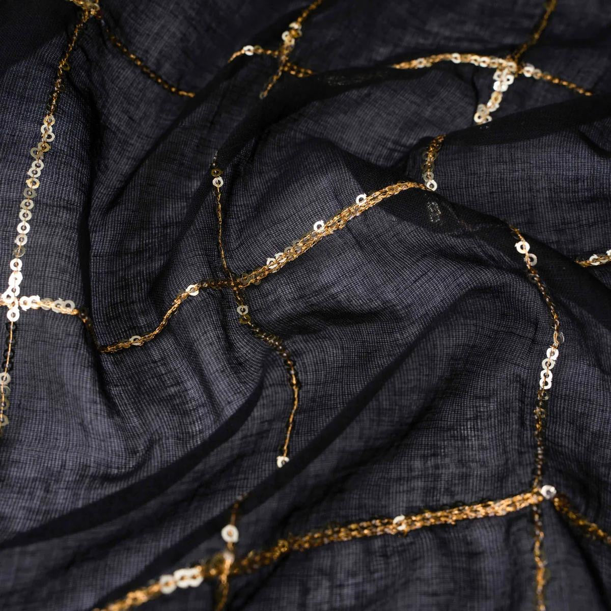 Black and gold checkered Sequins Handloom Tissue Silk Saree with Tassels – Premium Party & Festive Wear