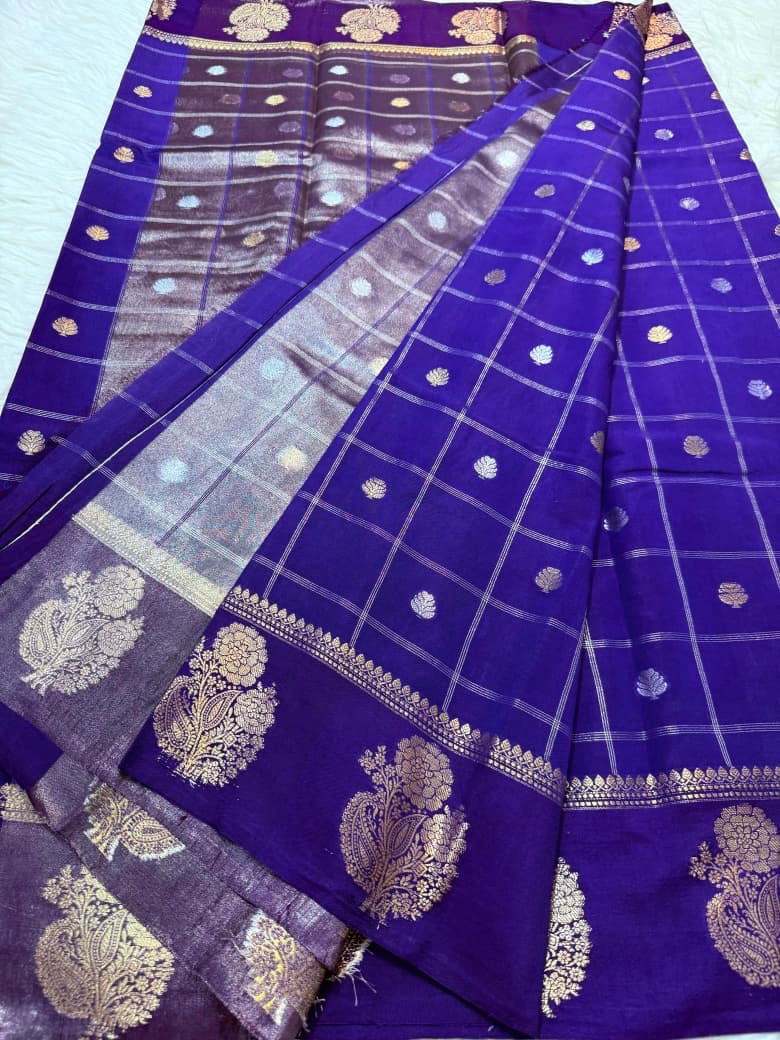 Royal Blue Banarasi Viscose Silk Saree with Zari Checks & Motifs