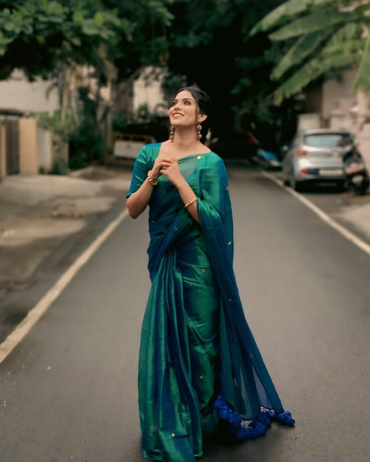 Pure Handloom Soft Tissue Silk Sarees with Sheer Pallu & Golden Accents